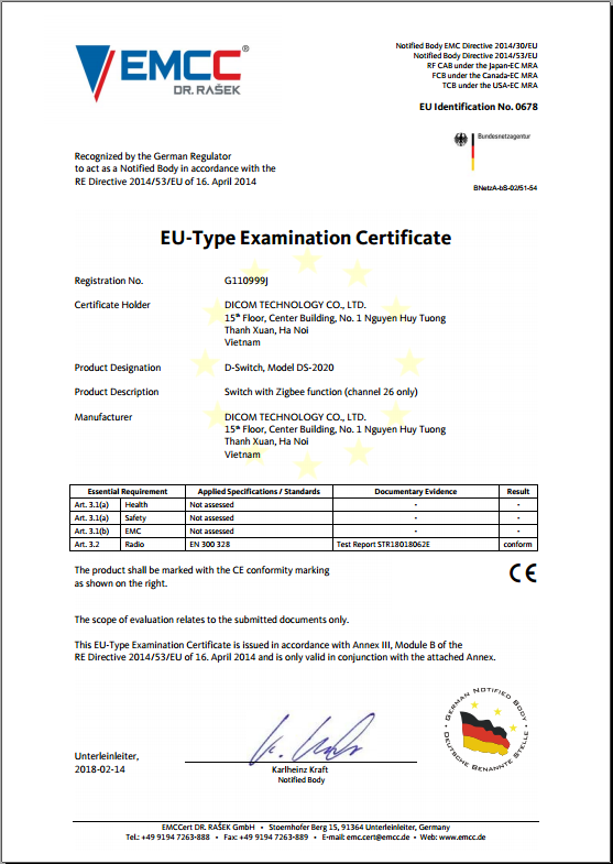 Thiết bị điện thông minh Dicom nhận chứng nhận CE 